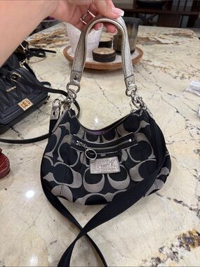 Coach Black & Gray Signature Logo Hobo with Metallic Handles